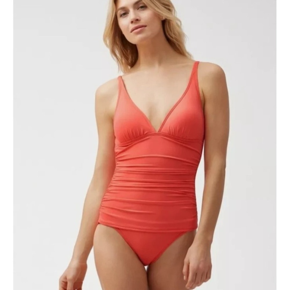 Tommy Bahama Womens Coral Pink Ruched V-Neck One Piece Swimsuit TSW31026P Size 8